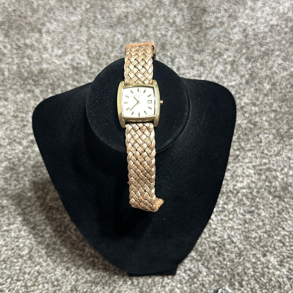 Vintage Fossil watch stainless steel gold color braided band date and time Y2K - Picture 1 of 10